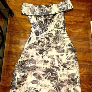 THEIA 🖤🤍 Black & white off the shoulder floral tea-length gown with pockets